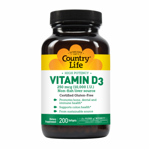 Country Life Vitamin D3 Softgels 250mcg Perspective: front