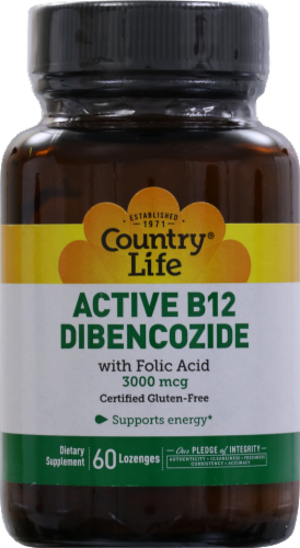 Country Life Active B12 Dibencozide with Folic Acid Lozenges 60 Count Perspective: front