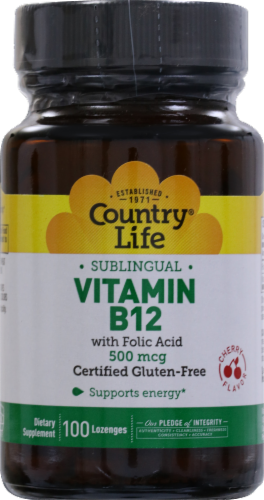 Country Life Sublingual Vitamin B12 with Folic Acid Lozenges 100 Count Perspective: front