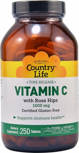 Country Life Time Release Vitamin C with Rose Hips Dietary Supplement Tablets 1000mg Perspective: front