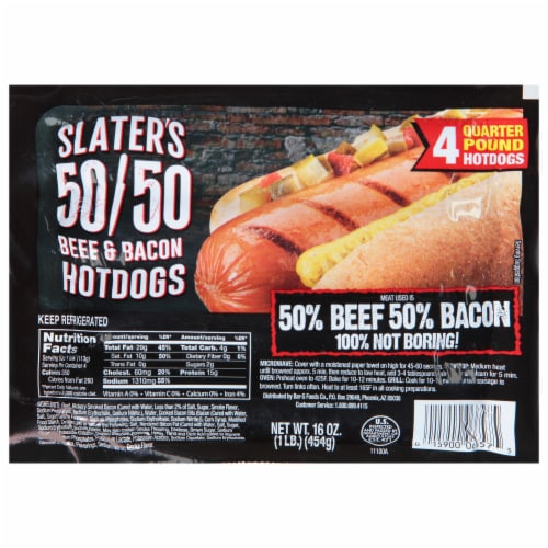 Slaters 50/50 Beef & Bacon Hot Dogs Perspective: front