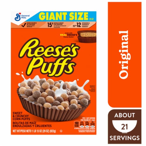 General Mills REESE'S PUFFS Chocolatey Peanut Butter Cereal Giant Size Perspective: front
