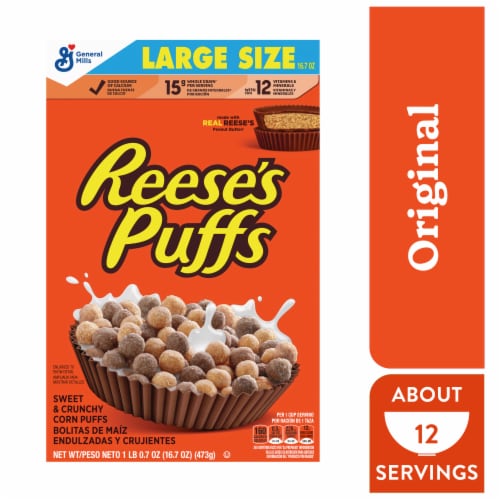 General Mills Reese’s Puffs Chocolatey Peanut Butter Large Size Cereal Perspective: front