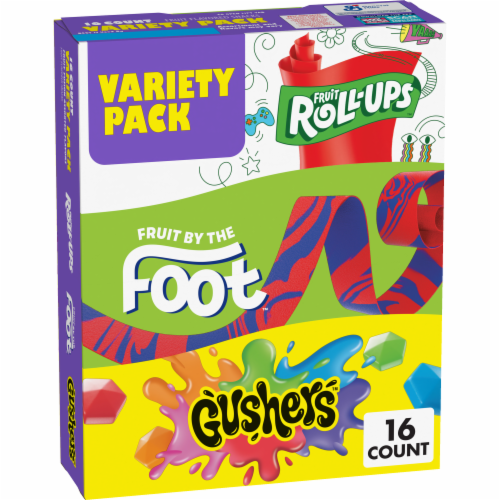 Fruit Roll-Ups Fruit by the Foot Gushers Snacks Variety Pack Perspective: front