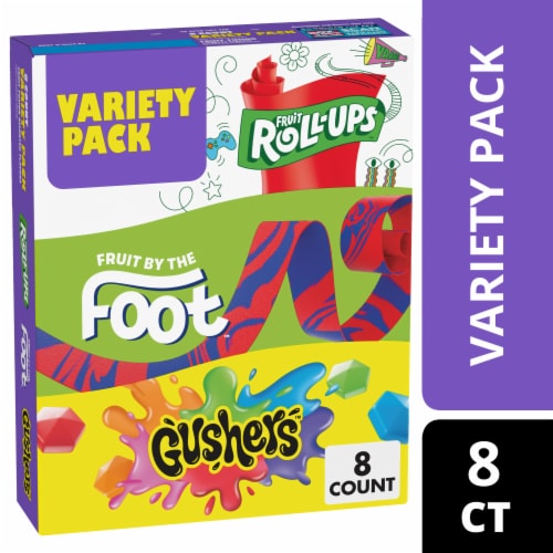 Fruit Roll-Ups' Fruit by the Foot' Gushers Fruit Flavored Snacks Variety Pack Perspective: front