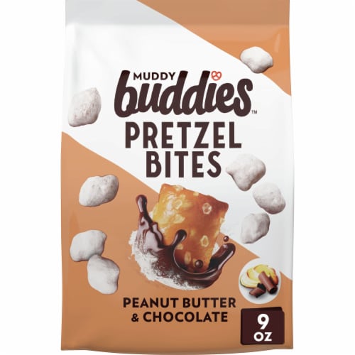 Chex Mix Peanut Butter and Chocolate Muddy Buddies Pretzel Bites Perspective: front