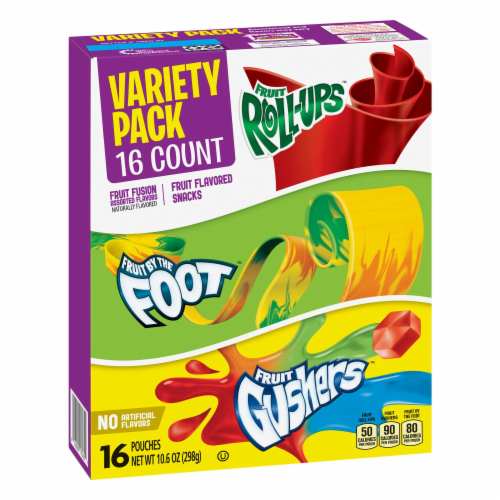 Betty Crocker Variety Pack of Fruit Roll-Ups Fruit By The Foot and Gushers Value Pack 16 Count Perspective: front