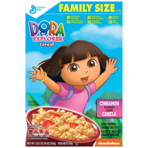 General Mills Dora the Explorer Cinnamon Corn Puffs Family Size Cereal Perspective: front