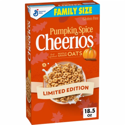 General Mills Pumpkin Spice Cheerios Family Size Cereal Perspective: front