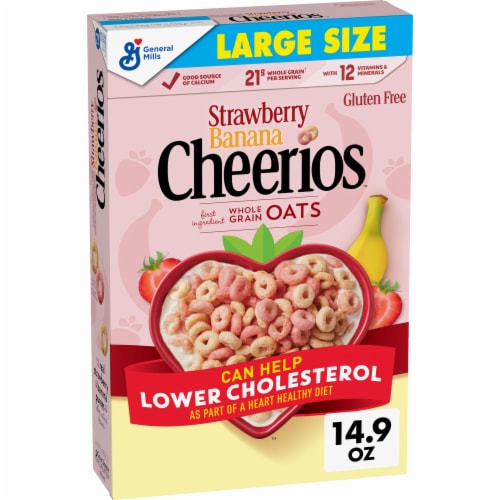 General Mills Strawberry Banana Cheerios Happy Heart Shapes Large Size Cereal Perspective: front