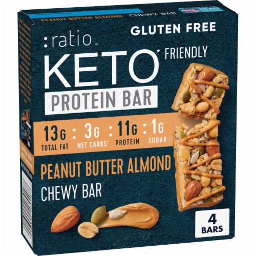 Ratio KETO Friendly Peanut Butter Almond Chewy Protein Bars Gluten Free Snacks Perspective: front