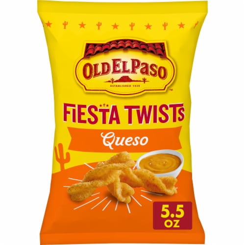 Old El Paso Queso Cheese Fiesta Twists Crispy Corn Snacks Chips Bag Perspective: front