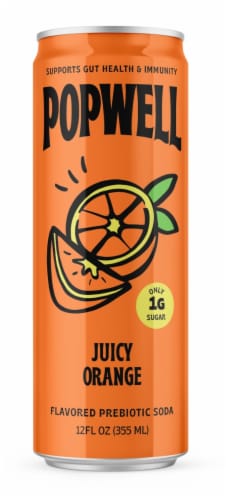 Popwell Juicy Orange Prebiotic Soda Can Perspective: front