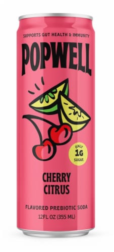 Popwell Cherry Citrus Prebiotic Soda Can Perspective: front