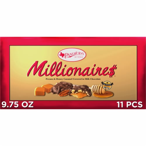 PANGBURN'S OF TEXAS Millionaires Milk Chocolate Covered Pecans and Honey Caramel Candy Gift Box Perspective: front