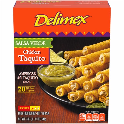 Delimex Salsa Verde Chicken Corn XL Taquitos Frozen Snacks, Box Perspective: front
