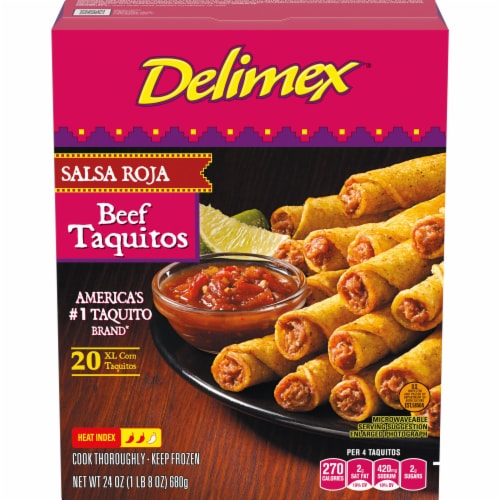Delimex Salsa Roja Beef XL Corn Taquitos Frozen Snacks, Box Perspective: front