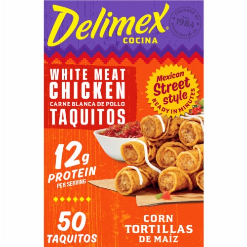 Delimex White Meat Chicken Taquitos Frozen Snacks, Box Perspective: front