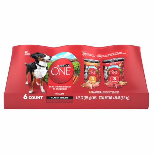Purina ONE Classic Ground Wet Dog Food Variety Pack Chicken and Brown Rice and Beef and Brown Rice Perspective: front