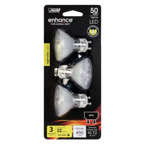 Feit Electric Enhance MR16 GU10 LED Bulb Bright White 50 Watt Equivalence 3 pk Total Qty 1 Count of 1 QFC