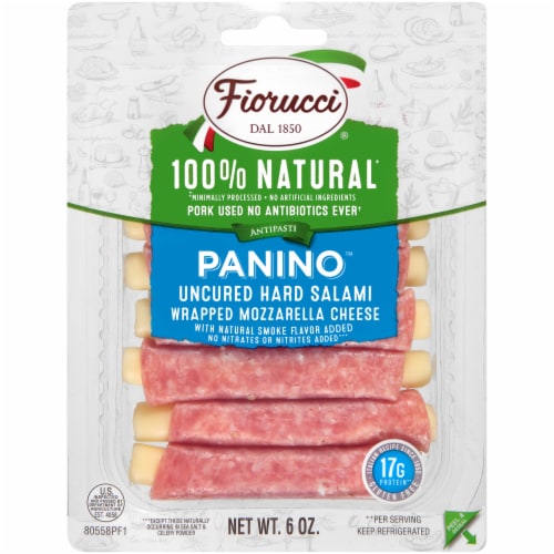 Fiorucci 100% Natural Uncured Hard Salame Panino Wrapped Mozzarella Cheese Perspective: front