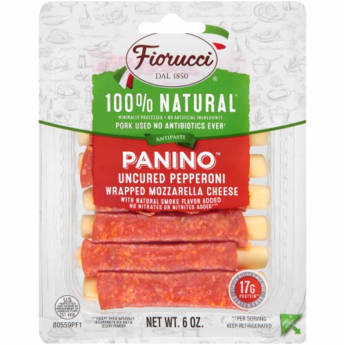 Fiorucci 100% Natural Uncured Pepperoni Panino Wrapped Mozzarella Cheese Perspective: front