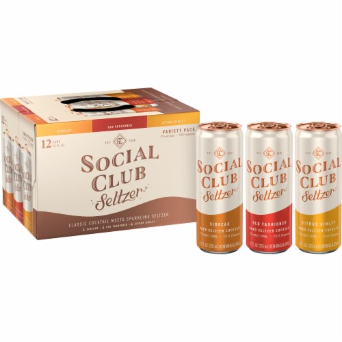Social Club Seltzer Classic Cocktail Sparkling Seltzer Hard Seltzer Variety Pack Perspective: front