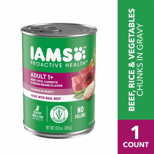 Iams Proactive Health Adult Canned Wet Dog Food Beef Rice Carrots & Green Beans Chunks in Gravy Perspective: front