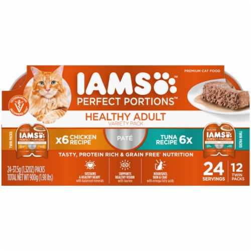 Iams Perfect Portions Pate Chicken Recipe & Tuna Healthy Adult Grain Free Wet Cat Food Variety Pack Perspective: front
