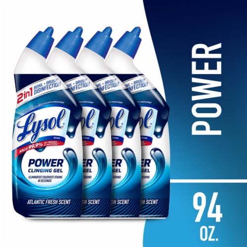 Lysol Power Toilet Bowl Cleaner, Gel Cleaner and Disinfectant, Atlantic Fresh, 4 pack of 24 fl oz Perspective: front