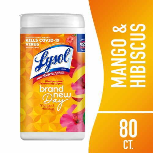 Lysol Brand New Day Disinfecting Wipes, Sanitizing Cleaning Wipes, Mango and Hibiscus, 80 Ct Perspective: front