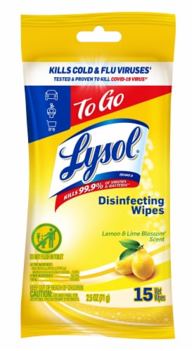 Lysol® To Go Travel Size Lemon & Lime Blossom Scent Disinfecting Wipes Perspective: front