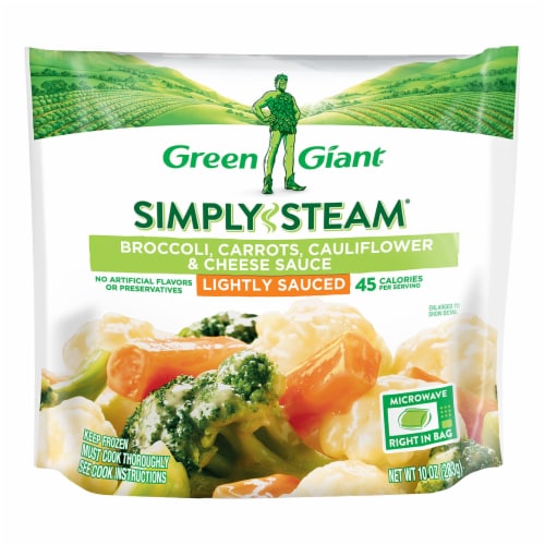 Green Giant Simply Steam Lightly Sauced Broccoli Carrots Cauliflower & Cheese Sauce Perspective: front