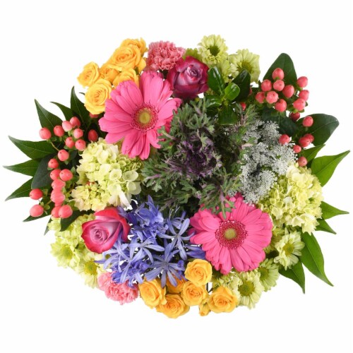 Beauty in Bloom Sunshine Floral Bouquet - White / Magenta / Yellow / Orange Rose Perspective: front