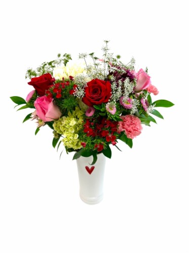 Valentine's Day Painted Heart Fresh Flower Arrangement with Vase Perspective: front