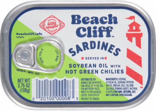 Beach Cliff Sardines in Soybean Oil with Hot Green Chilies Perspective: front
