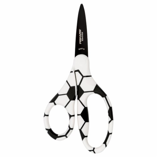 Fiskars® Pointed Tip Non-Stick Scissors - Soccer Theme Perspective: front