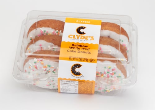 Clyde’s Donuts Rainbow White Iced Cake Donuts Perspective: front