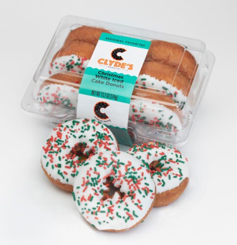 Clyde's Christmas White Iced Caike Donuts Perspective: front