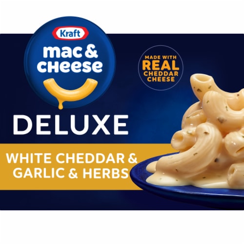 Kraft Deluxe White Cheddar Garlic & Herbs Mac N Cheese Macaroni and Cheese Dinner Perspective: front