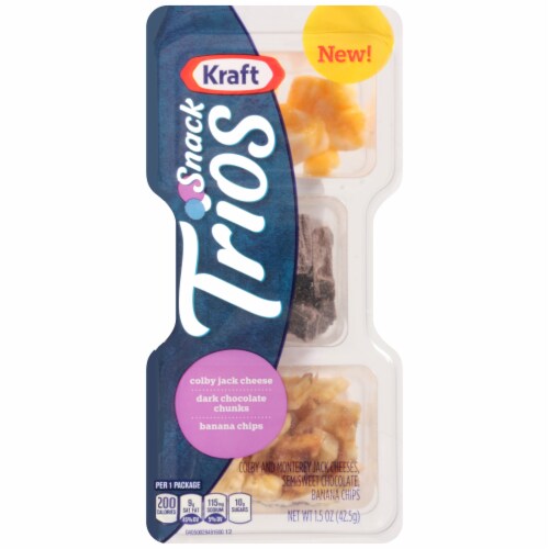 Kraft Snack Trios Colby Jack Dark Chocolate Chunks & Banana Chips Perspective: front