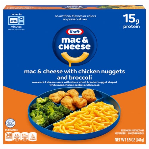 Kraft Mac N Cheese Macaroni and Cheese Kids Frozen Meal with Chicken Nuggets & Broccoli Perspective: front