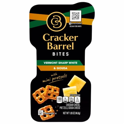 Cracker Barrel Bites with Vermont Sharp White Cheddar & Gouda Cheese with Pretzel Chips Perspective: front