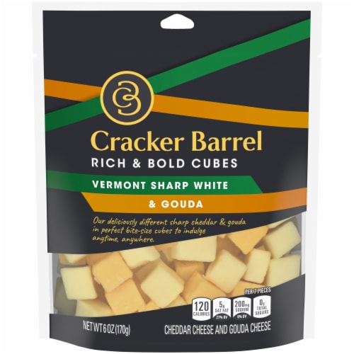 Cracker Barrel Rich & Bold Vermont Sharp White Cheddar & Gouda Cheese Cubes Perspective: front