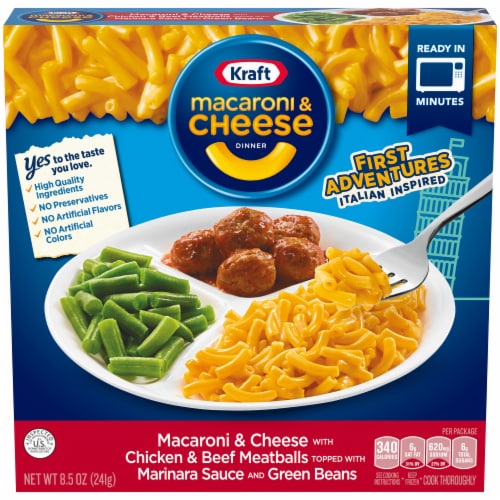 Kraft First Adventures Italian Inspired Mac and Cheese Frozen Meal with Meatball and Green Beans Perspective: front