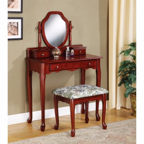 Makeup Vanity Set With Mirror, Reddish Brown- Saltoro Sherpi Perspective: front
