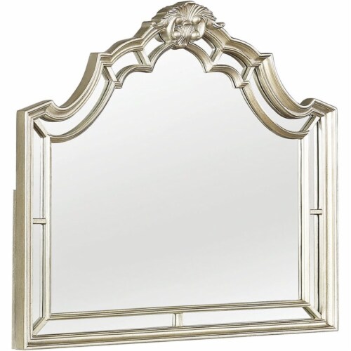 Coaster Traditional Arched Wood Mirror with Carved Details in Beige Perspective: front