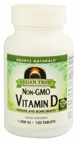 Source Naturals Vegan True Non-GMO Vitamin D Tablets 1000IU Perspective: front