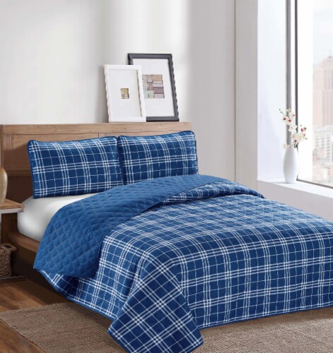 Harper Lane Blue Plaid 3 Piece Quilt Set Perspective: front