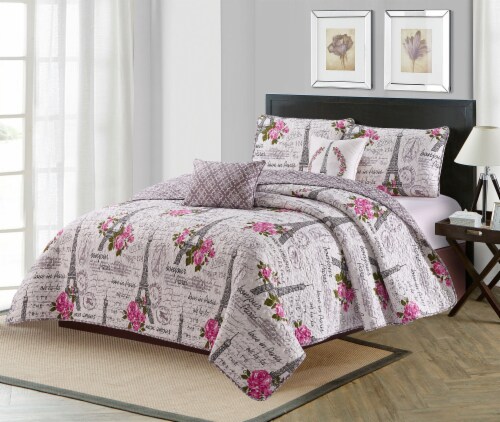 Harper Lane Beige & Pink Vintage Paris 5 Piece Quilt Set Perspective: front